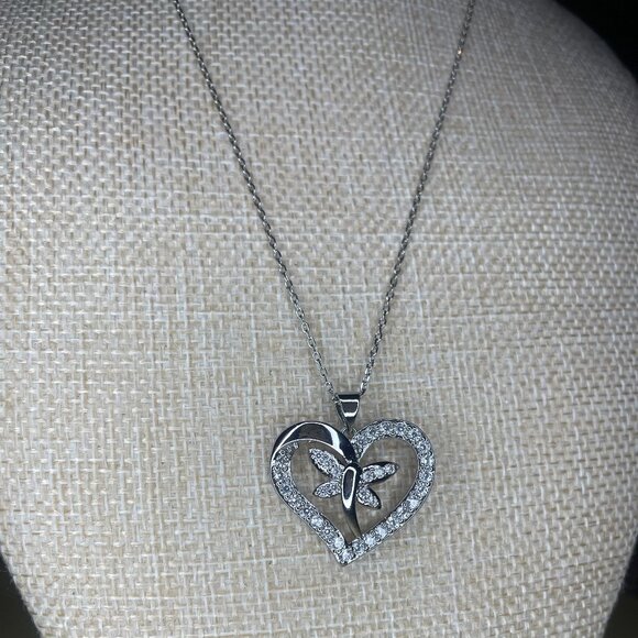 Silver Dragonfly Heart Pendant Necklace - Picture 1 of 5